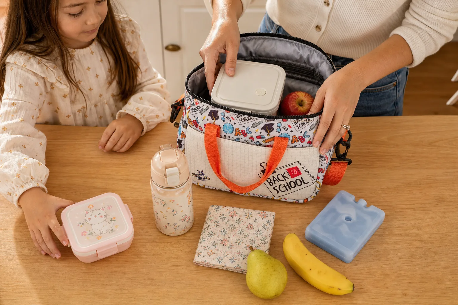 GIMOSA Back to School termal çantasına beslenme kabı yerleştiren anne ve çocuk