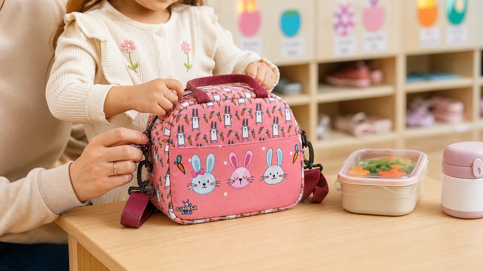 Anaokulu sınıfında GIMOSA Pink Rabbit beslenme çantasını hazırlayan çocuk ve ebeveyn