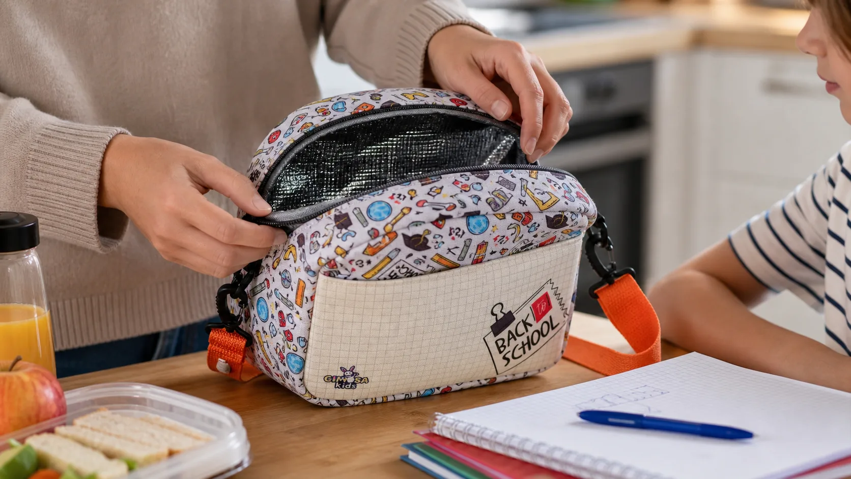 GIMOSA Back to School termal beslenme çantasının yalıtım ve iç astar detayını inceleyen aile