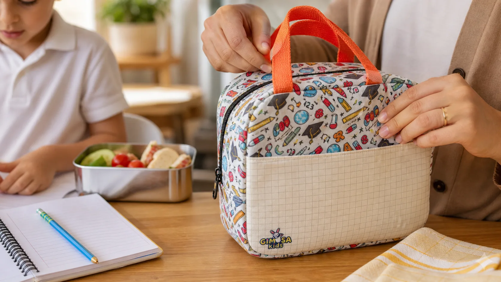 GIMOSA Back to School çocuk beslenme çantasının polyester kumaş ve sap dokusunu inceleyen ebeveyn