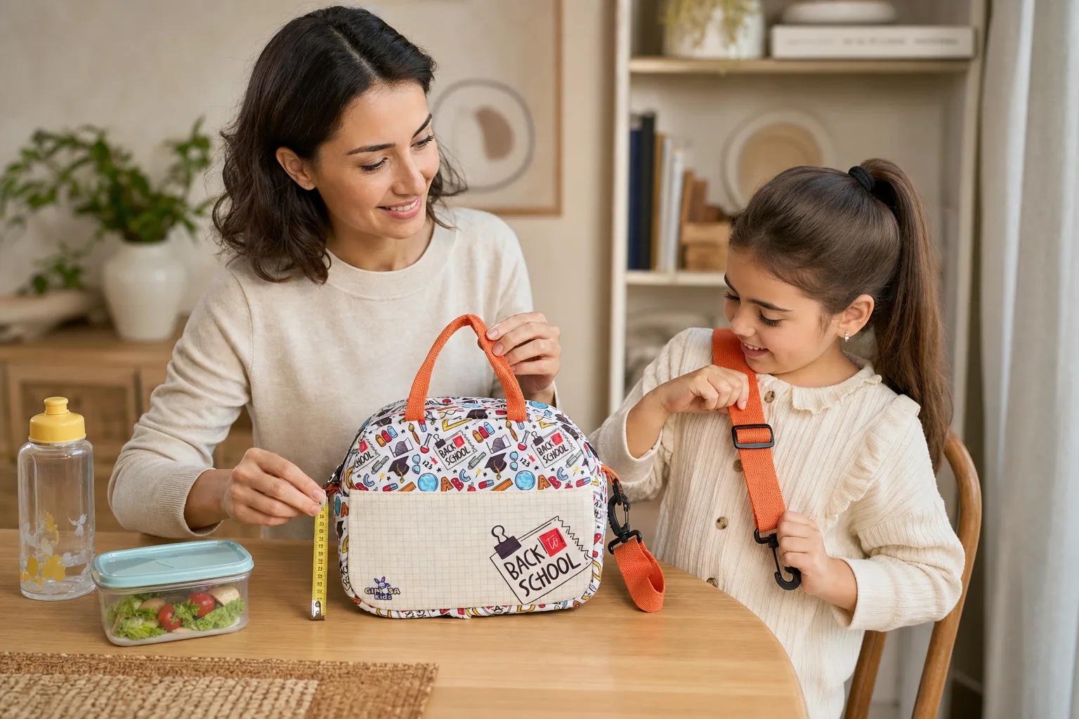 Farklı ölçülerde termal beslenme çantalarını kap, suluk ve mezurayla karşılaştıran anne ve çocuk