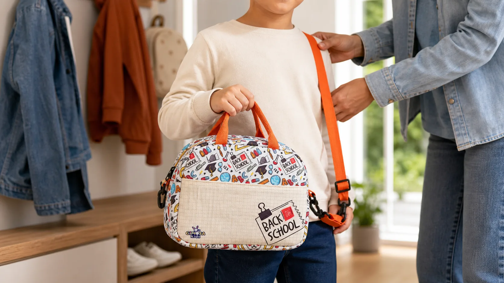 GIMOSA Back to School beslenme çantasında üst sap ve omuz askısı kullanımını gösteren okul hazırlığı sahnesi