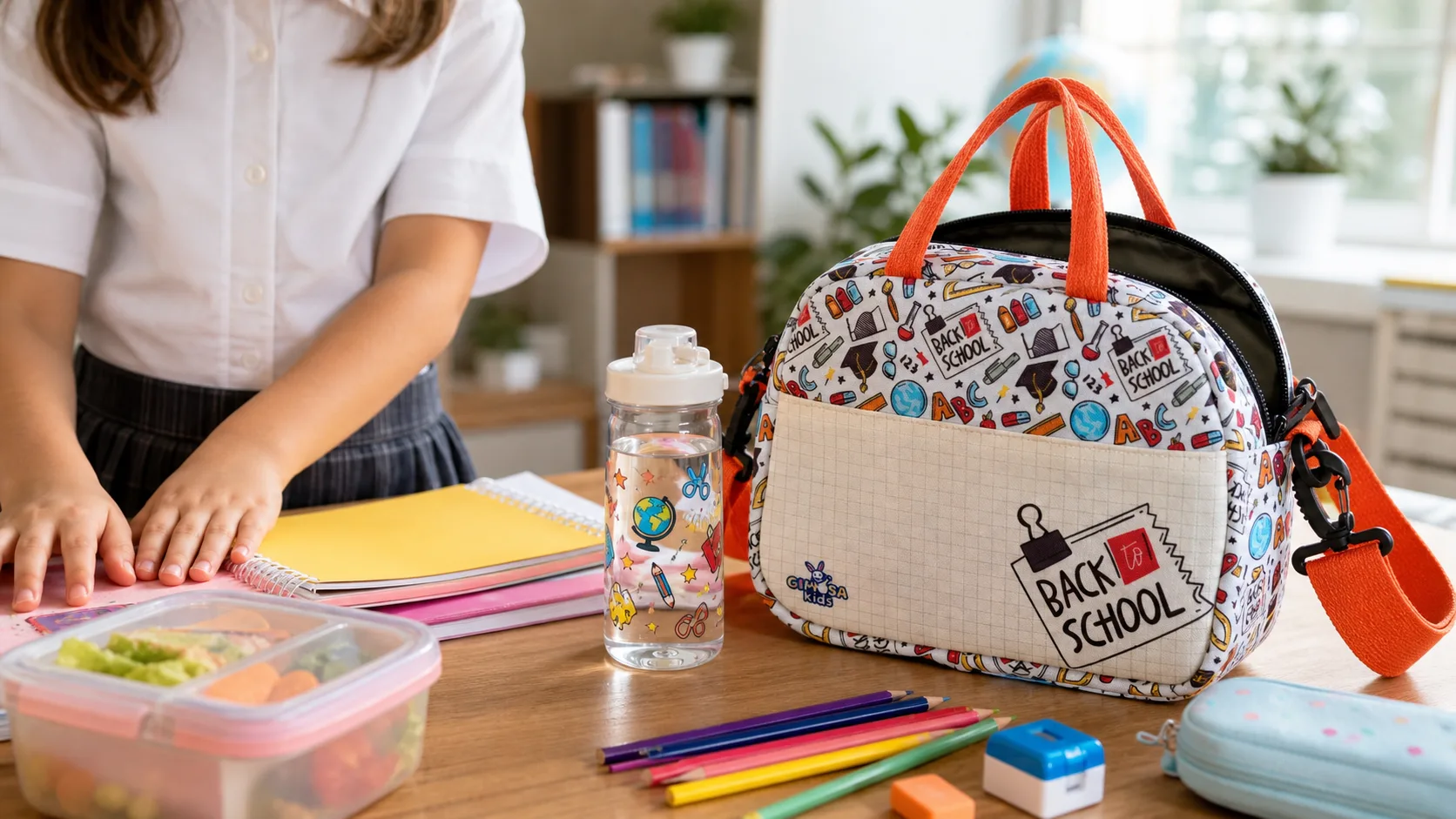 İlkokula başlayan çocuk için GIMOSA Back to School beslenme çantası ve okul hazırlığı sahnesi