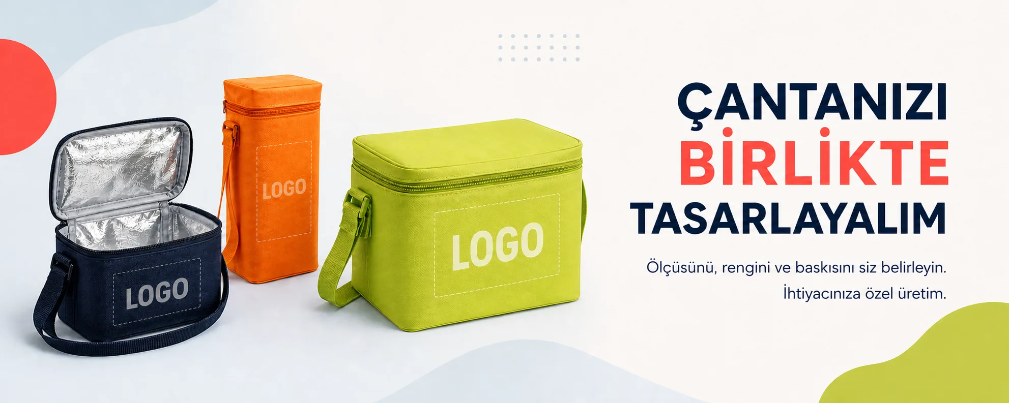 Logo baskı alanları gösterilen promosyon termal çantalar